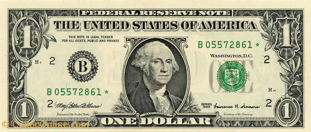 B- 1$ Federal Reserve Notes - Small Size 1999 Series billets amerique du nord etats unis b 1 federal reserve notes small size 1999 series