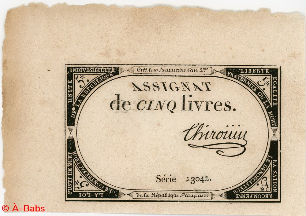 FRANCE - ASSIGNAT DE 5 LIVRES -31/10/1793 - 10 BRUMAIRE DE L'AN II billets europe france assignat de 5 livres 31 10 1793 10 brumaire de an ii