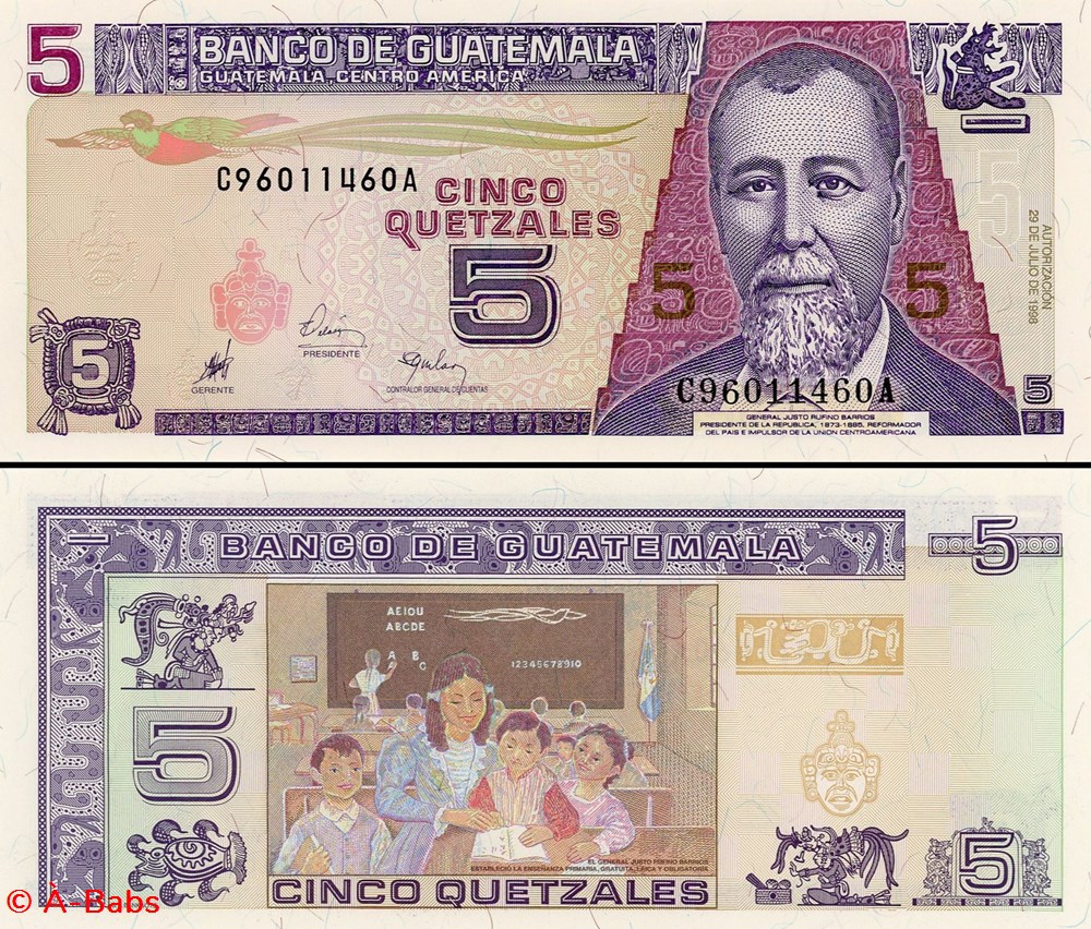 GUATEMALA - PICK 100a - 5 QUETZALES GUATÉMALTÈQUES billets amerique centrale caraibes guatemala pick 100a 5 quetzales guatemalteques
