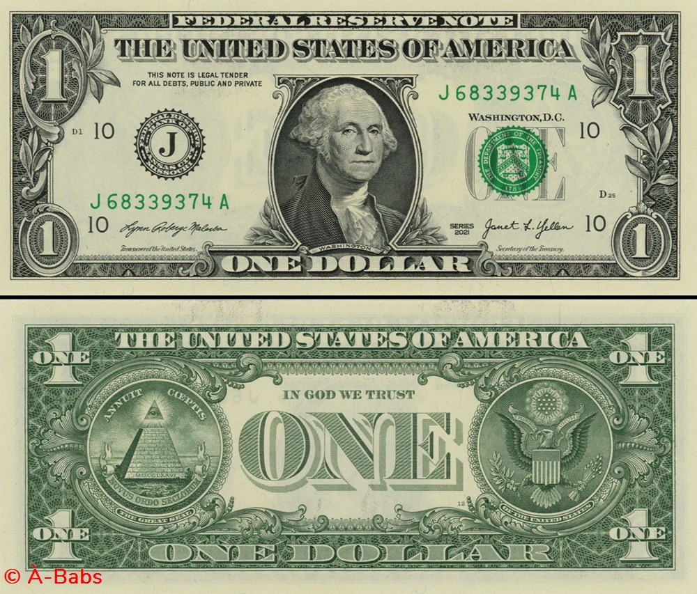 J- 1$ Federal Reserve Notes - Small Size 2021 Series billets amerique du nord etats unis j 1 federal reserve notes small size 2021 series
