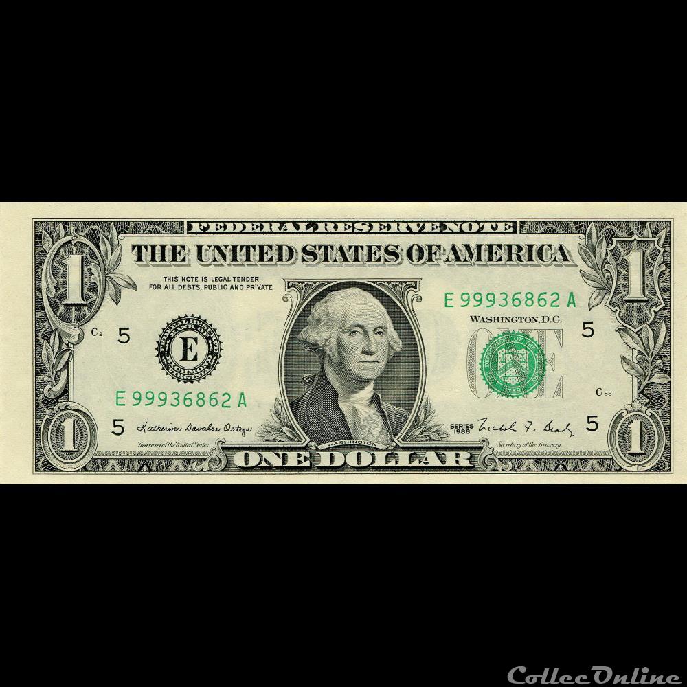 E- 1$ Federal Reserve Notes - Small Size 1988 Series billet amerique du nord etat uni e 1 federal reserve notes small size 1988 series