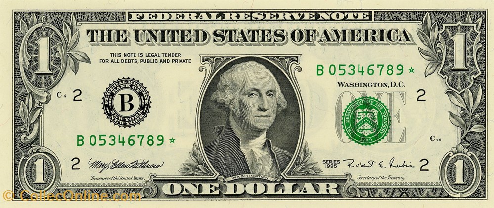 B- 1$ Federal Reserve Notes - Small Size 1995 Series billet amerique du nord etat uni b 1 federal reserve notes small size 1995 series