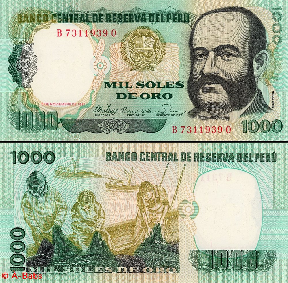 PÉROU - PICK 122 a - 1000 SOLES DE ORO - 1981 billets amerique du sud perou pick 122 a 1000 soles de oro 1981