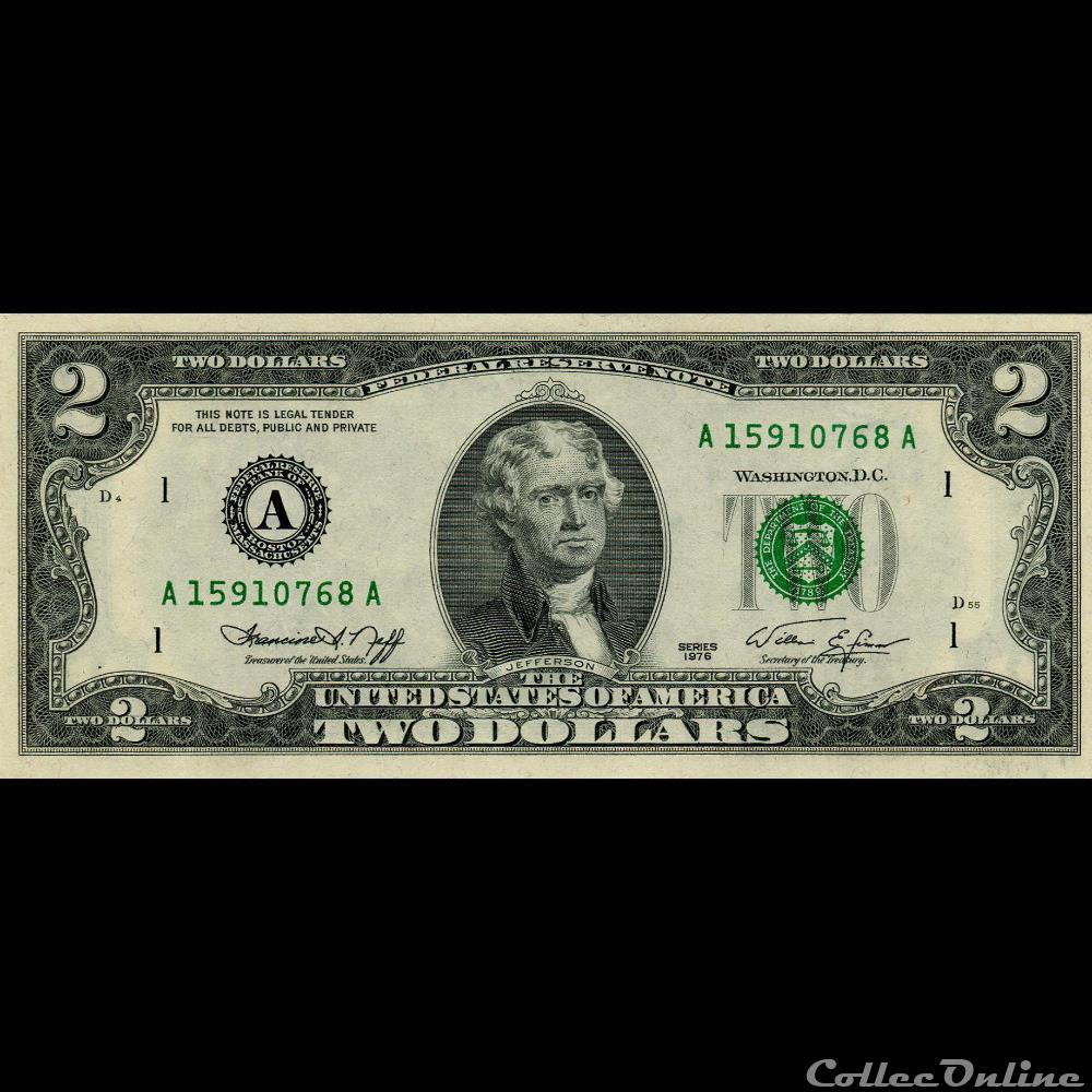 A- Boston District - 2$ Federal Reserve Notes - Small Size 1976 Series billets amerique du nord etats unis a boston district 2 federal reserve notes small size 1976 series