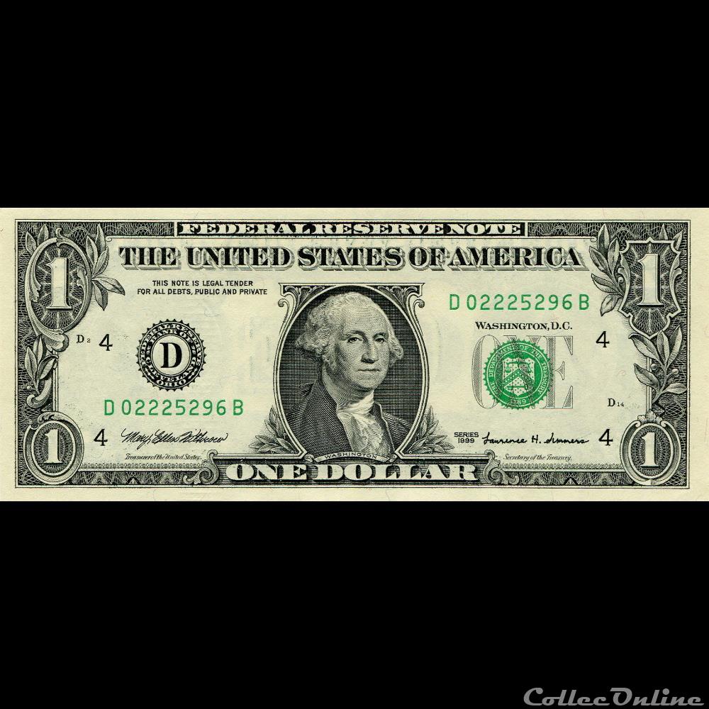 D- 1$ Federal Reserve Notes - Small Size 1999 Series billet amerique du nord etat uni d 1 federal reserve notes small size 1999 series