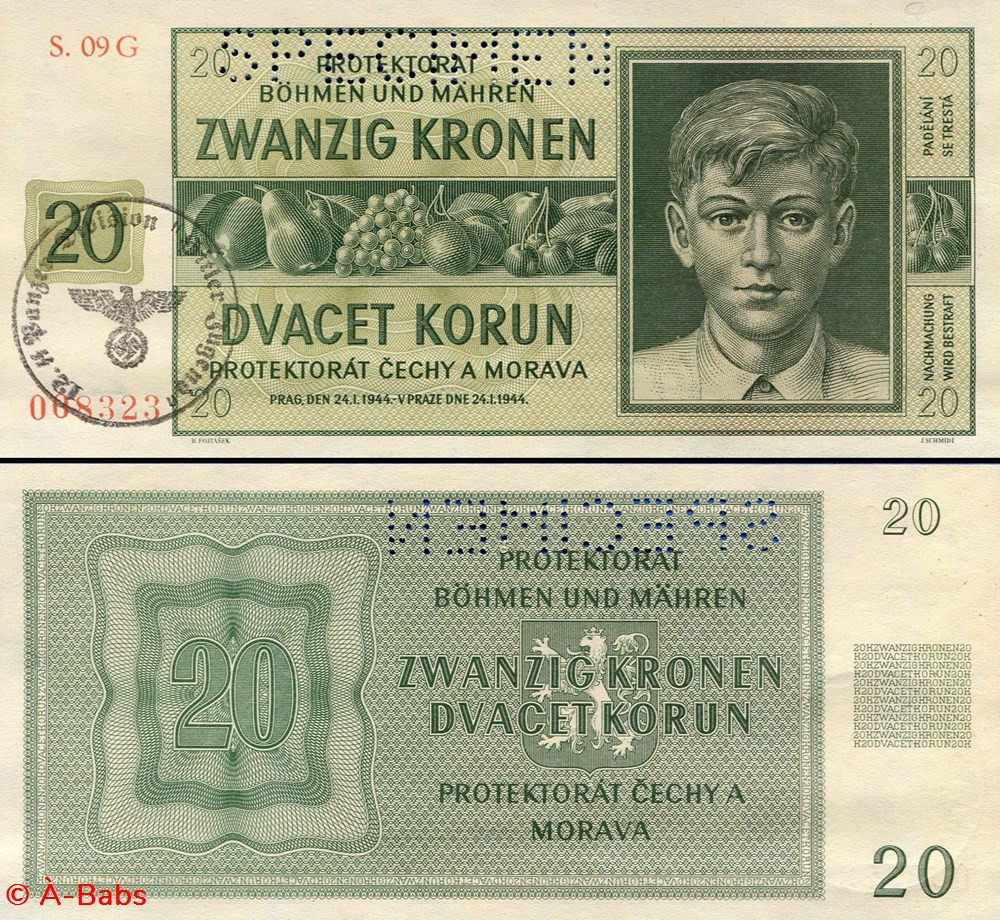 BOHÊME MORAVIE - PICK 9bS1 - 20 KRONER - 1944 billets europe tchecolovaquie boheme moravie pick 9bs1 20 kroner 1944