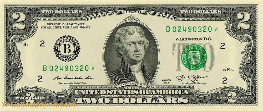 B- New-York District - 2$ Federal Reserve Notes - Small Size 2013 Series billets amerique du nord etats unis b new york district 2 federal reserve notes small size 2013 series