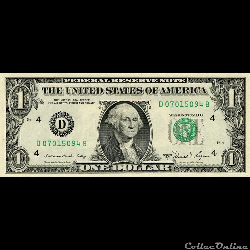 D- 1$ Federal Reserve Notes - Small Size 1981A Series billet amerique du nord etat uni d 1 federal reserve notes small size 1981a series
