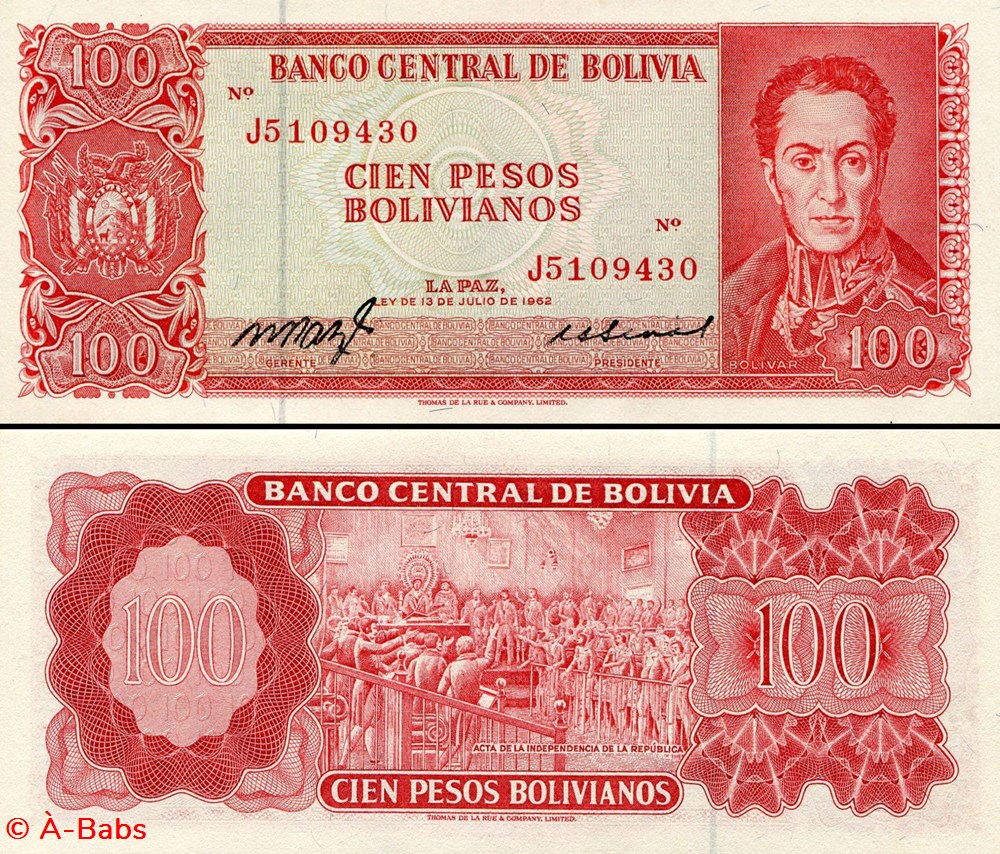 billets amerique du sud bolivie pick 163 a 18 100 pesos bolivianos 1962