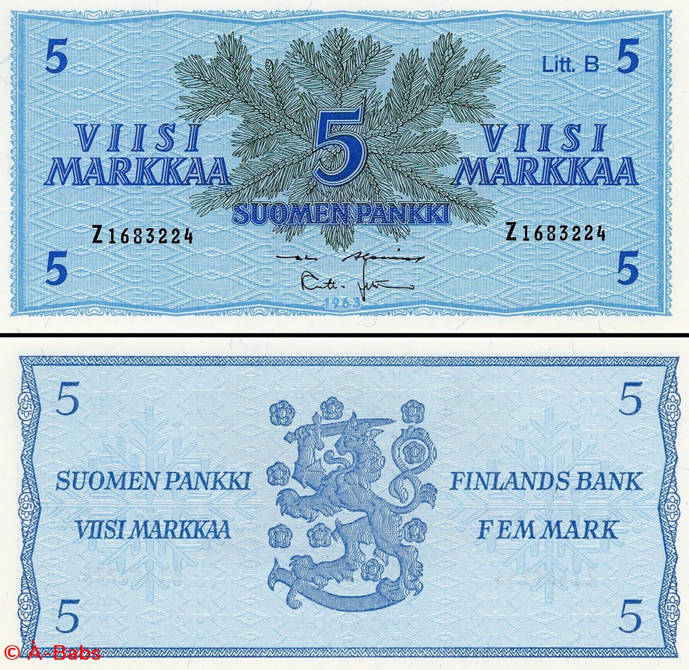 FINLANDE - PICK 106 Aa 04 - 5 MARKAA - 1963 billets europe finlande pick 106 aa 04 5 markaa 1963