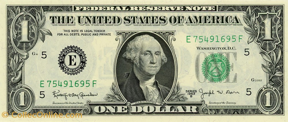 E- 1$ Federal Reserve Notes - Small Size 1963B Series billets amerique du nord etats unis e 1 federal reserve notes small size 1963b series