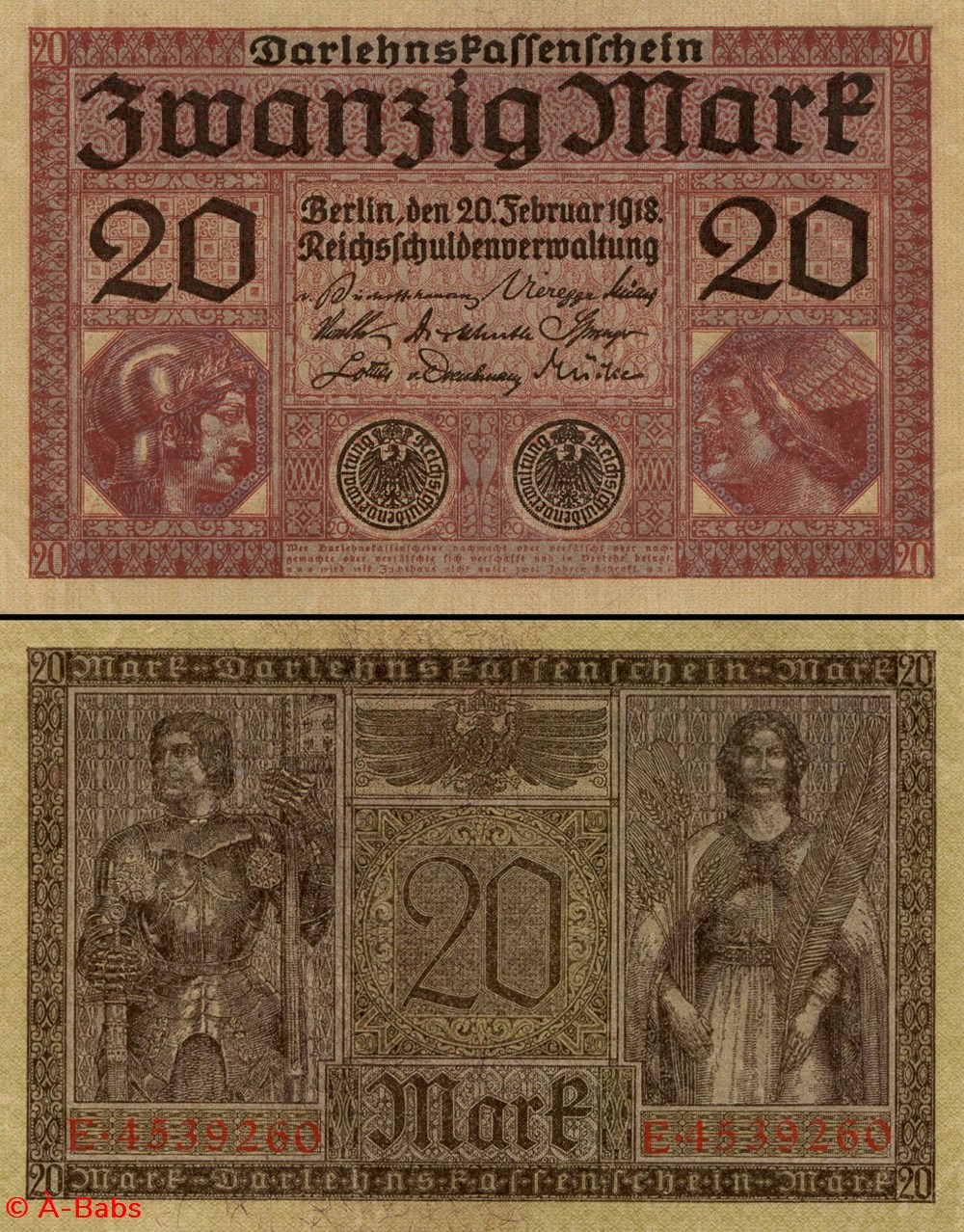 ALLEMAGNE - PICK 057 - 20 MARK - 1918 billets europe allemagne pick 057 20 mark 1918