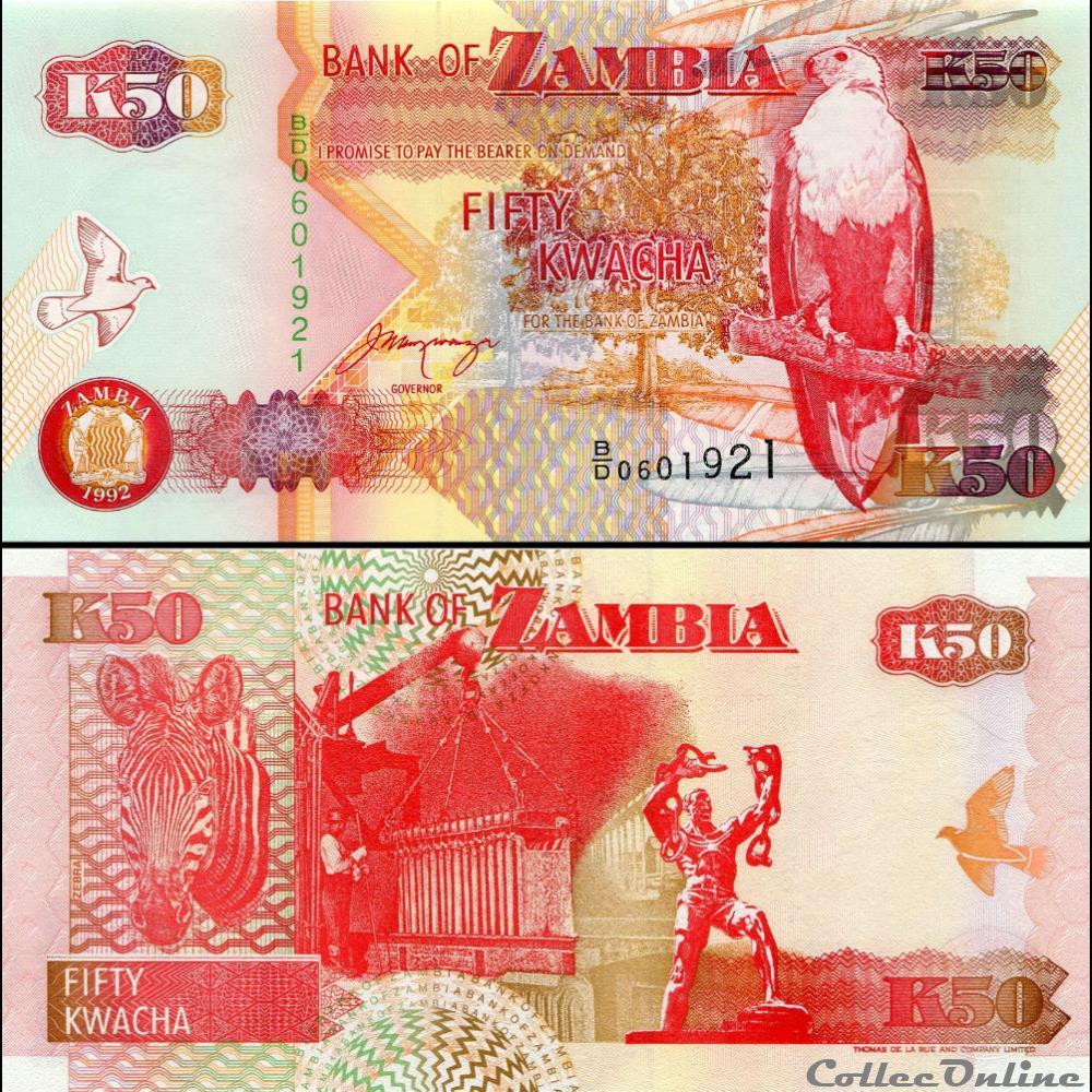ZAMBIE - PICK 37 b - 50 KWACHA - 1992 billet afrique zambie pick 37 b 50 kwacha 1992