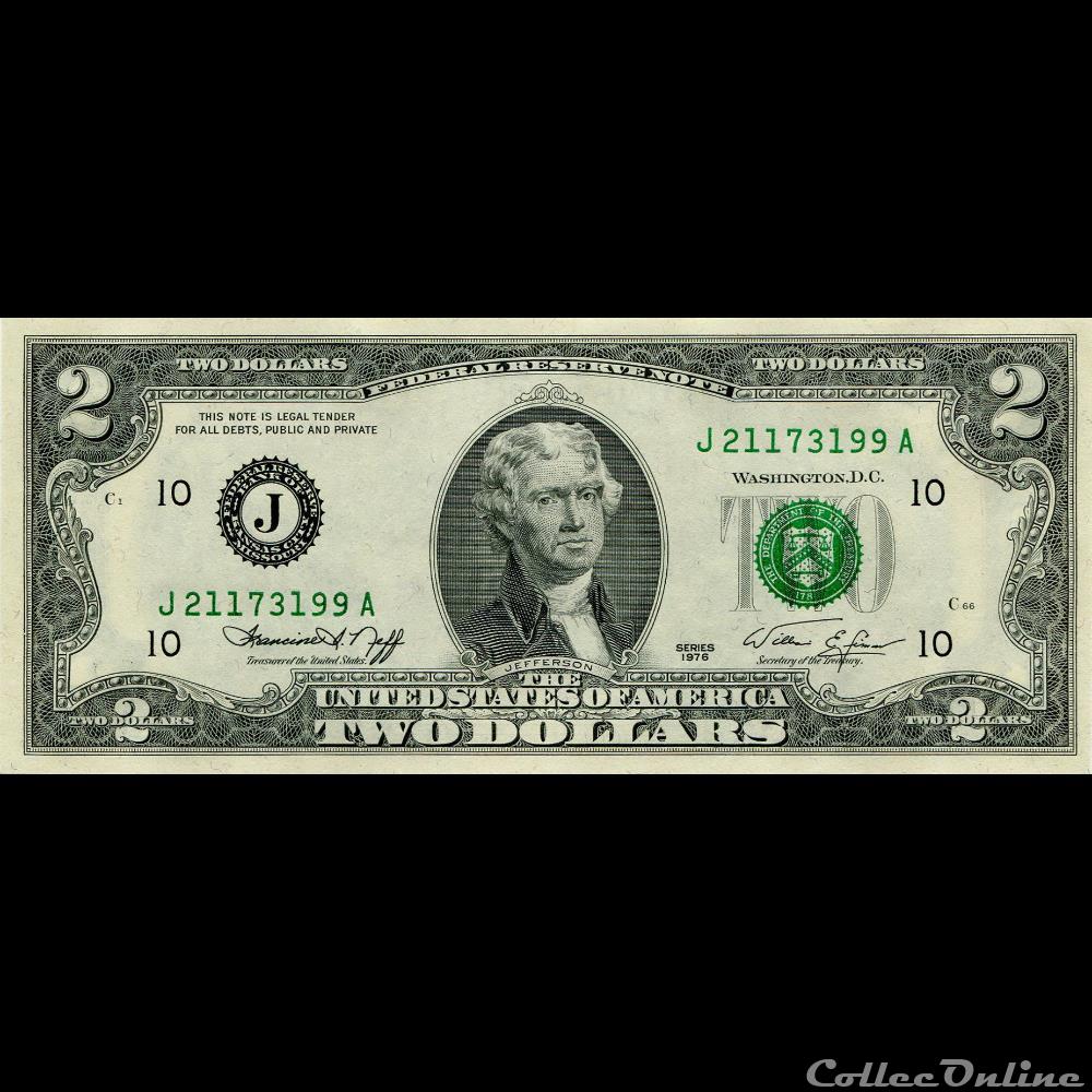 J- Kansas-City District - 2$ Federal Reserve Notes - Small Size 1976 Series billet amerique du nord etat uni j kansas city district 2 federal reserve notes small size 1976 series