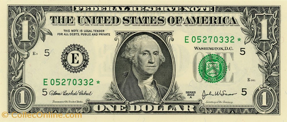 E- 1$ Federal Reserve Notes - Small Size 2003A Series billets amerique du nord etats unis e 1 federal reserve notes small size 2003a series