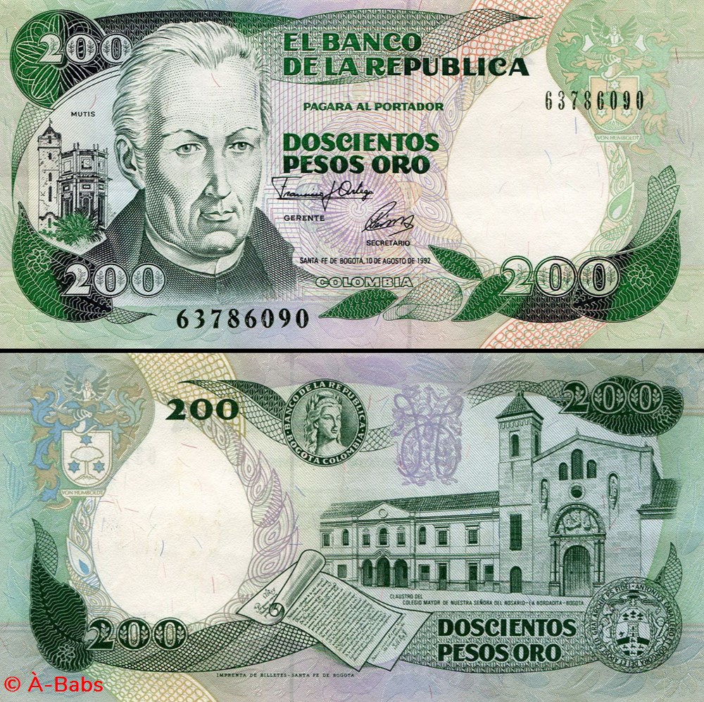 COLOMBIE - PICK 429 Aa - 200 PESOS DE ORO COLOMBIEN - 1992 billets amerique du sud colombie pick 429 aa 200 pesos de oro colombien 1992