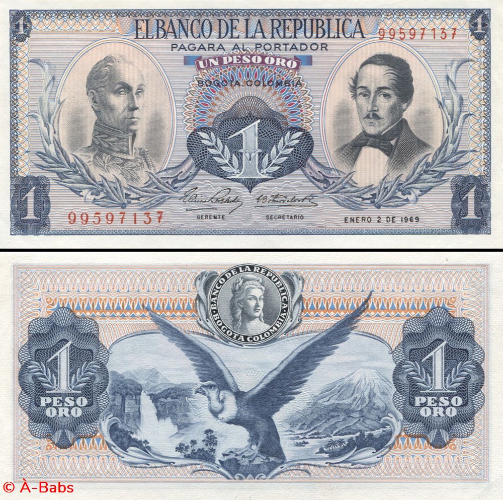 COLOMBIE - PICK 404 d 3 - 1 PESO DE ORO COLOMBIEN - 1969 billets amerique du sud colombie pick 404 d 3 1 peso de oro colombien 1969