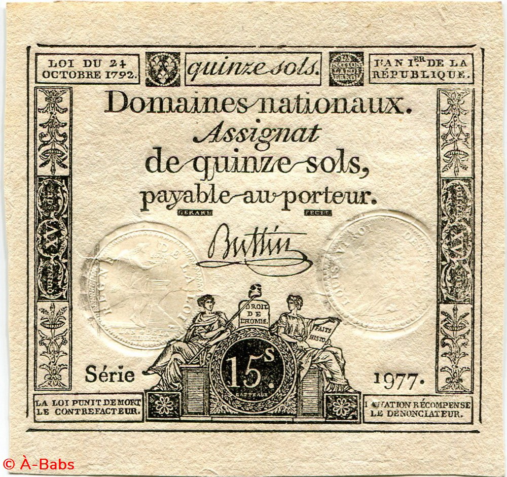 FRANCE - ASSIGNAT DE 15 SOLS -24/10/1792 billets europe france assignat de 15 sols 24 10 1792