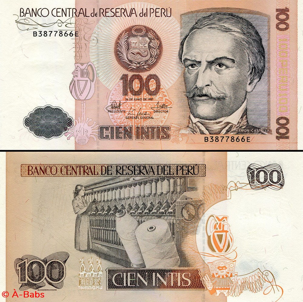 PÉROU - PICK 133 - 100 INTIS - 1987 billets amerique du sud perou pick 133 100 intis 1987