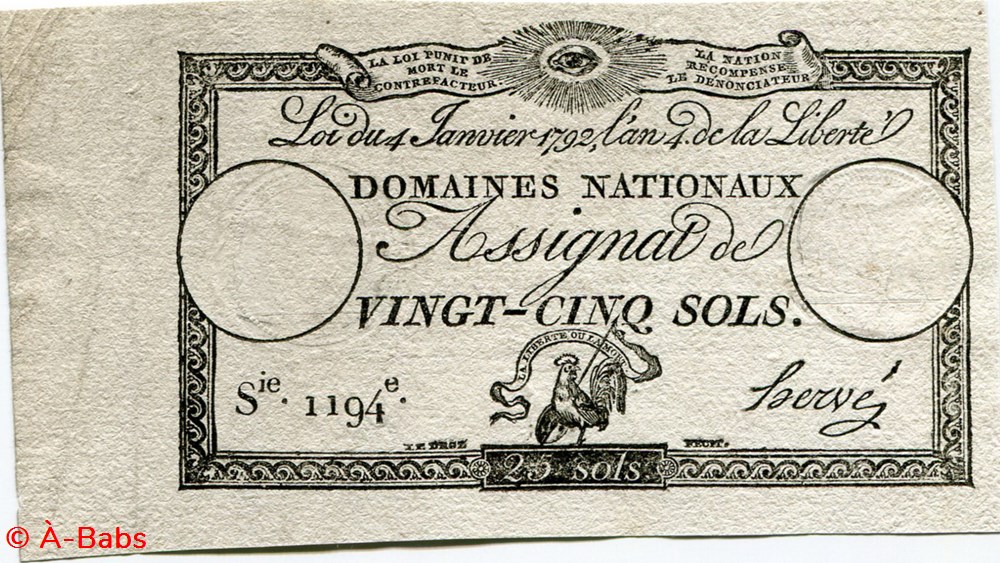 FRANCE - ASSIGNAT DE 25 SOLS -04/01/1792 billets europe france assignat de 25 sols 04 01 1792