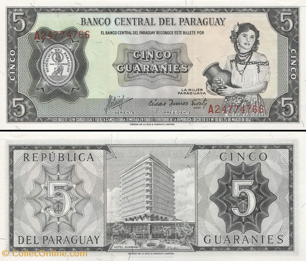 PARAGUAY - PICK 195 b - 5 GUARANIES - 1963 billets amerique du sud paraguay pick 195 b 5 guaranies 1963