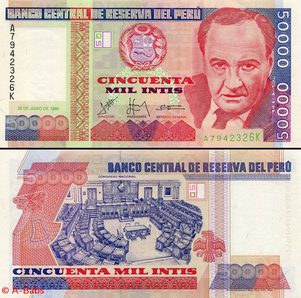 PÉROU - PICK 142 - 50 000 INTIS - 1988 billets amerique du sud perou pick 142 50 000 intis 1988