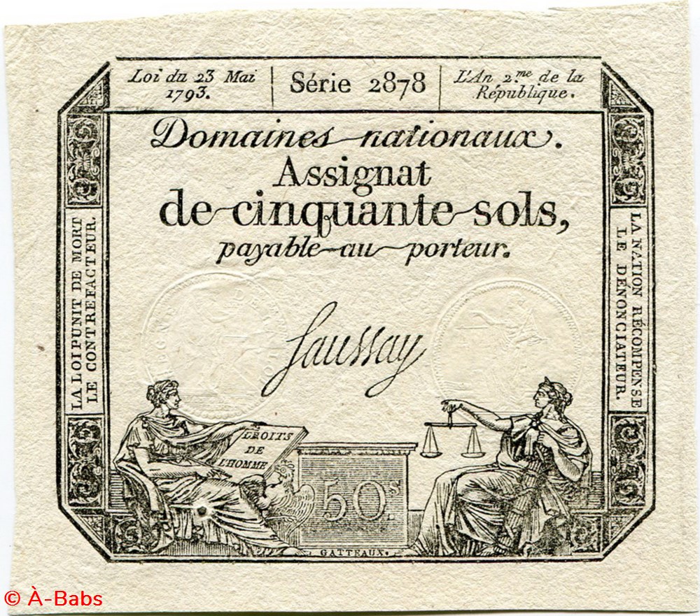 FRANCE - ASSIGNAT DE 50 SOLS -23/05/1793 billets europe france assignat de 50 sols 23 05 1793