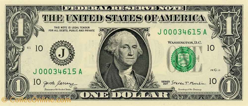 J- 1$ Federal Reserve Notes - Small Size 2017 Series billets amerique du nord etats unis j 1 federal reserve notes small size 2017 series
