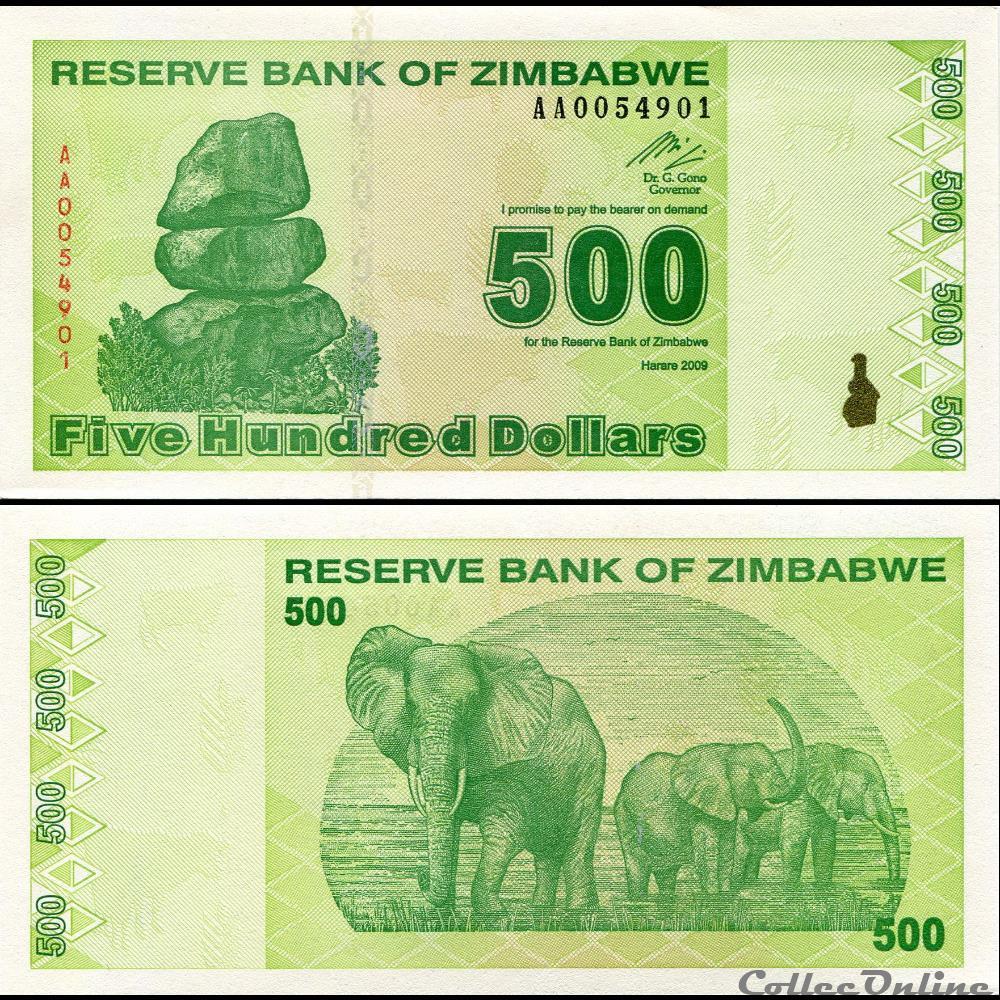 ZIMBABWE - PICK 098a - 500 Dollars - 2009 billet afrique zimbabwe pick 098a 500 dollars 2009