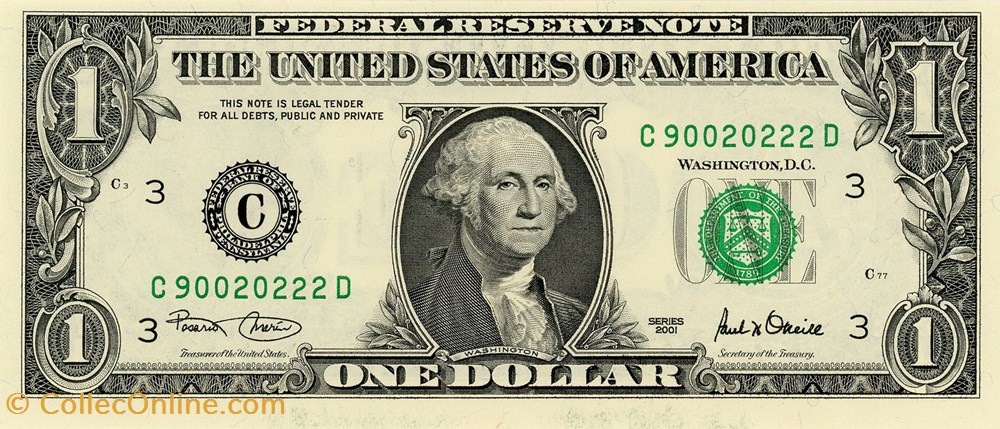 C- 1$ Federal Reserve Notes - Small Size 2001 Series billets amerique du nord etats unis c 1 federal reserve notes small size 2001 series