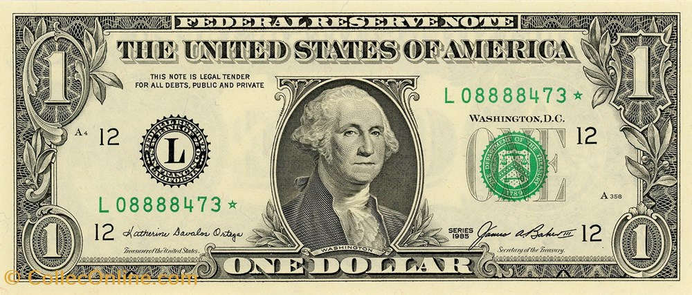L- 1$ Federal Reserve Notes - Small Size 1985 Series billets amerique du nord etats unis l 1 federal reserve notes small size 1985 series