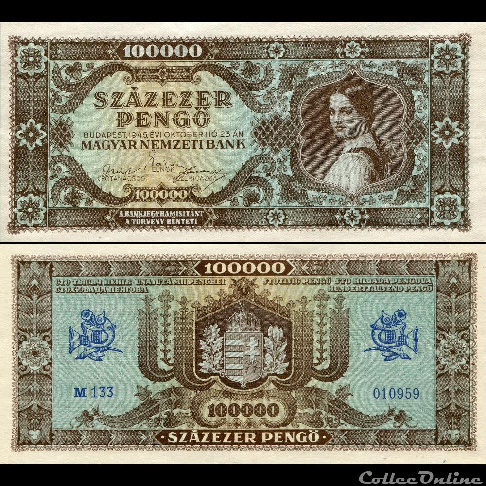 HONGRIE - PICK 121 a - 100 000 PENGO - 1945 billet europe hongrie pick 121 a 100 000 pengo 1945