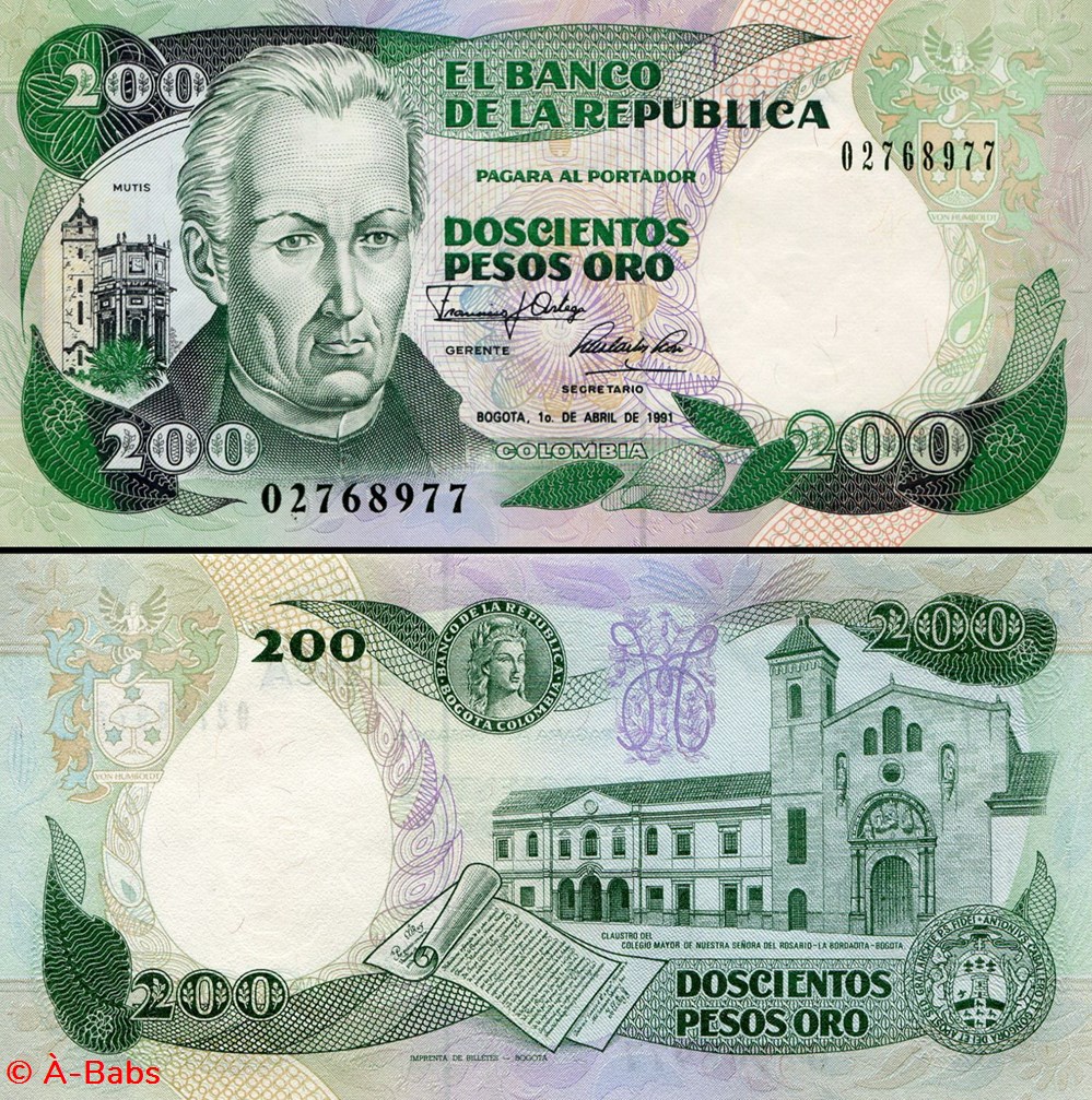 COLOMBIE - PICK 429 d 6 - 200 PESOS DE ORO COLOMBIEN - 1991 billets amerique du sud colombie pick 429 d 6 200 pesos de oro colombien 1991