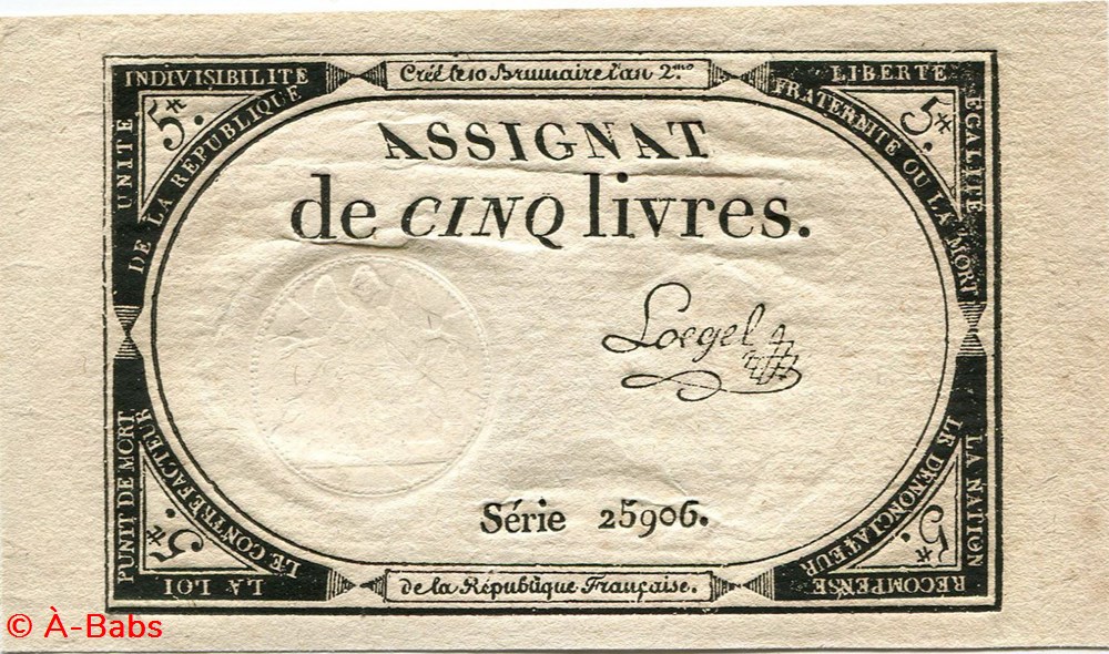 FRANCE - ASSIGNAT DE 5 LIVRES -31/10/1793 - 10 BRUMAIRE DE L'AN II billets europe france assignat de 5 livres 31 10 1793 10 brumaire de an ii