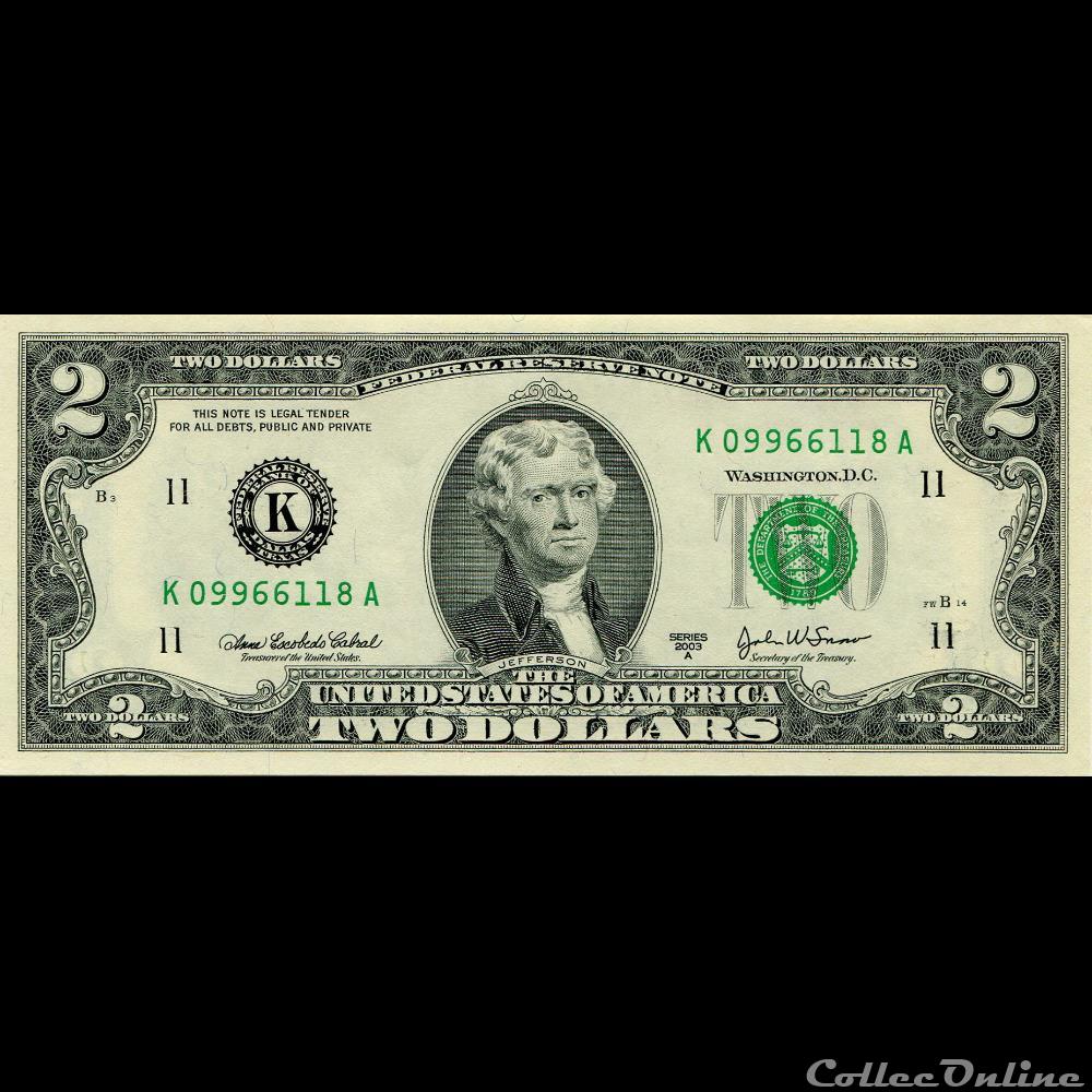 K- Dallas District - 2$ Federal Reserve Notes - Small Size 2003A Series billet etat uni cap vert k dallas district 2 federal reserve notes small size 2003a series