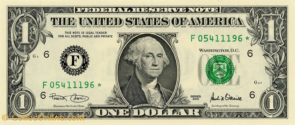 F- 1$ Federal Reserve Notes - Small Size 2001 Series billets amerique du nord etats unis f 1 federal reserve notes small size 2001 series
