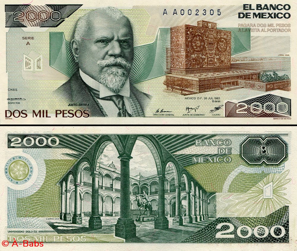 MEXIQUE - PICK 082a.A - 2000 PESOS - 1983 billets amerique du nord mexique pick 082a a 2000 pesos 1983