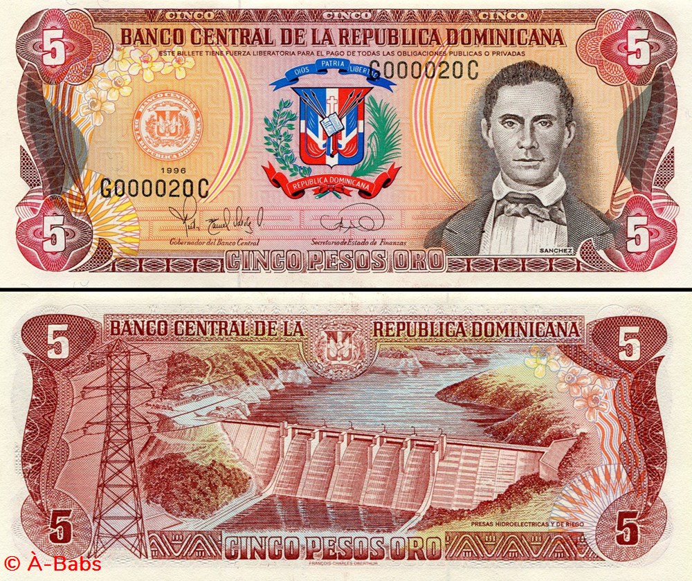 billets amerique centrale et caraibes republique dominicaine pick 152a 5 pesos de oro 1996