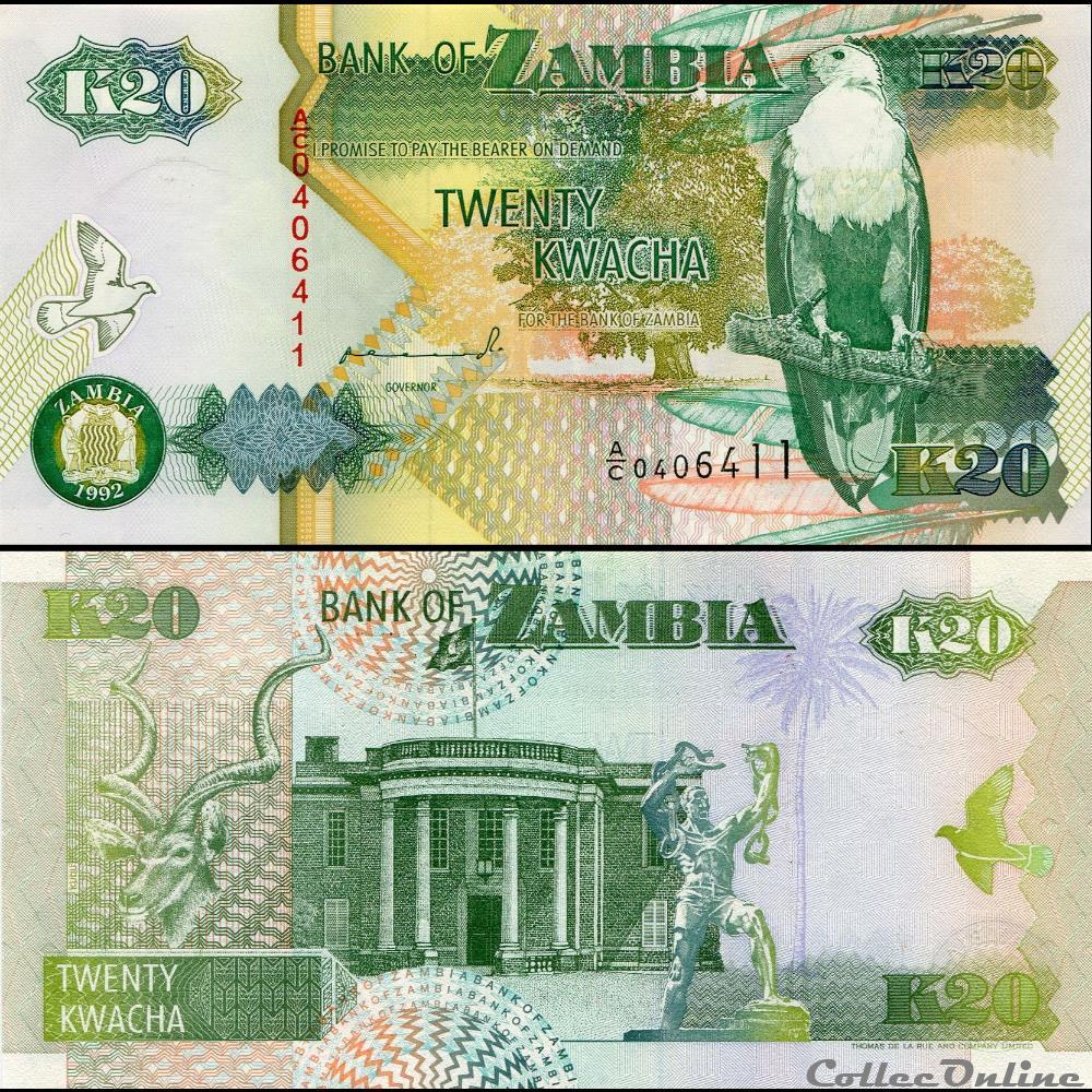 ZAMBIE - PICK 36 a - 20 KWACHA - 1992 billet afrique zambie pick 36 a 20 kwacha 1992