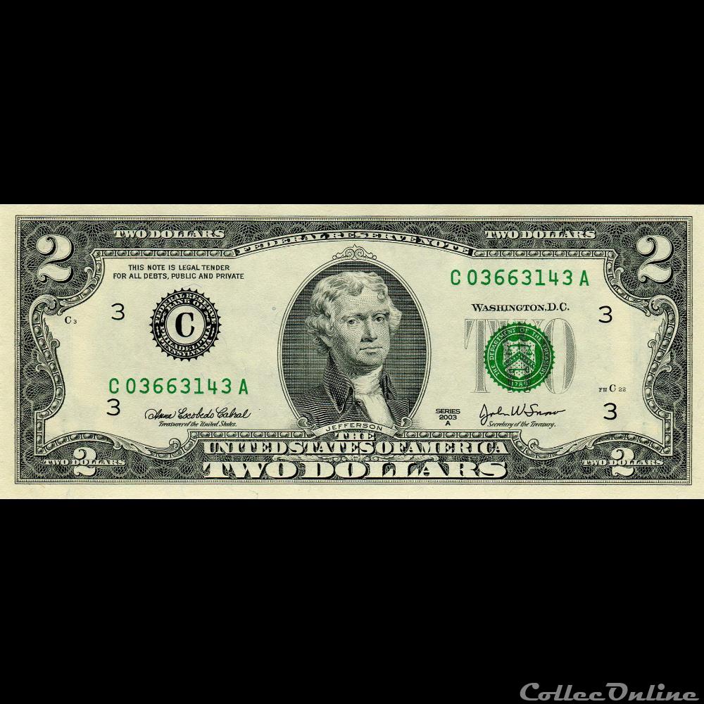 C- Philadelphie District - 2$ Federal Reserve Notes - Small Size 2003A Series billet amerique du nord etat uni c philadelphie district 2 federal reserve notes small size 2003a series