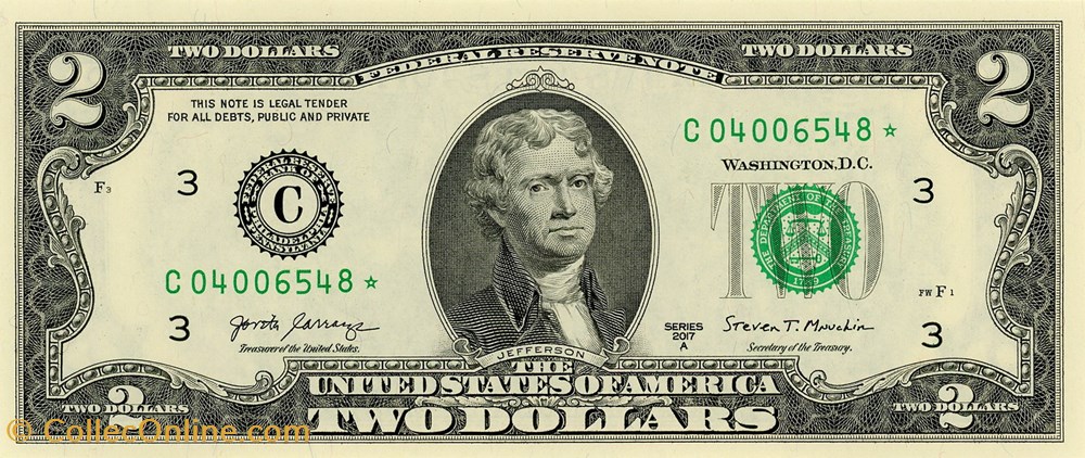 C- Philadelphie District - 2$ Federal Reserve Notes - Small Size 2017A Series billet amerique du nord etat uni c philadelphie district 2 federal reserve notes small size 2017a series