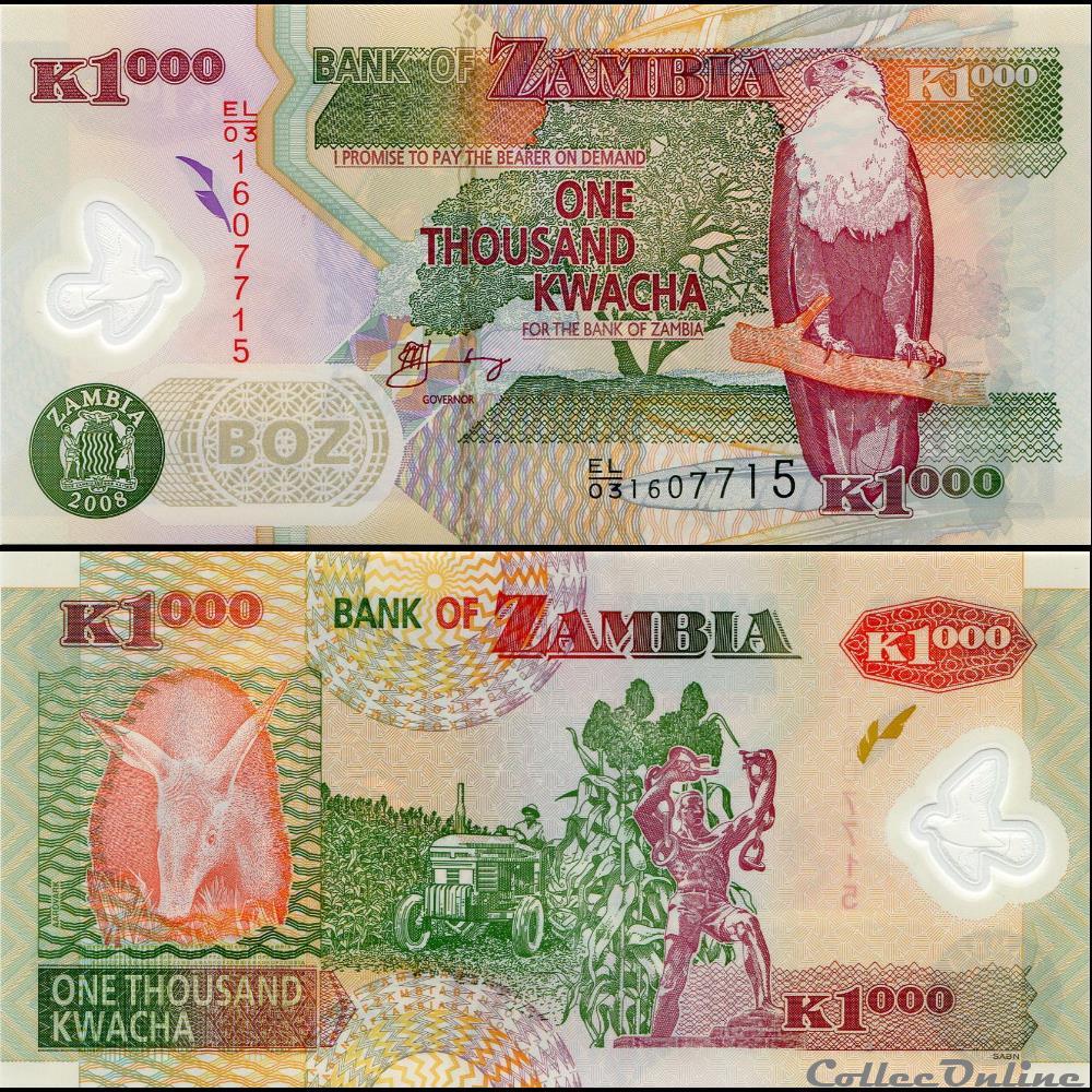 ZAMBIE - PICK 44 f - 1000 KWACHA - 2008 billet afrique zambie pick 44 f 1000 kwacha 2008