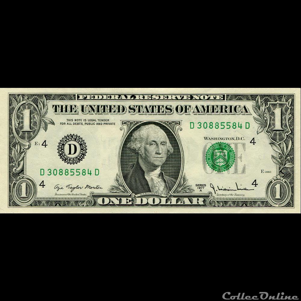 D- 1$ Federal Reserve Notes - Small Size 1977A Series billet amerique du nord etat uni d 1 federal reserve notes small size 1977a series
