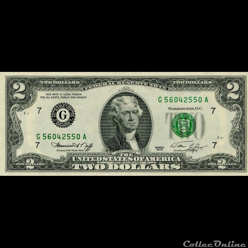 G- Chicago District - 2$ Federal Reserve Notes - Small Size 1976 Series billet amerique du nord etat uni g chicago district 2 federal reserve notes small size 1976 series