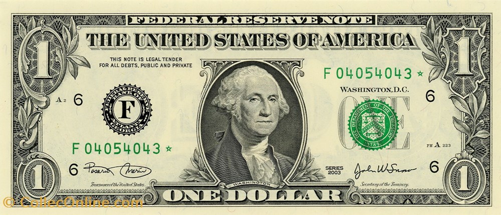 F- 1$ Federal Reserve Notes - Small Size 2003 Series billets amerique du nord etats unis f 1 federal reserve notes small size 2003 series
