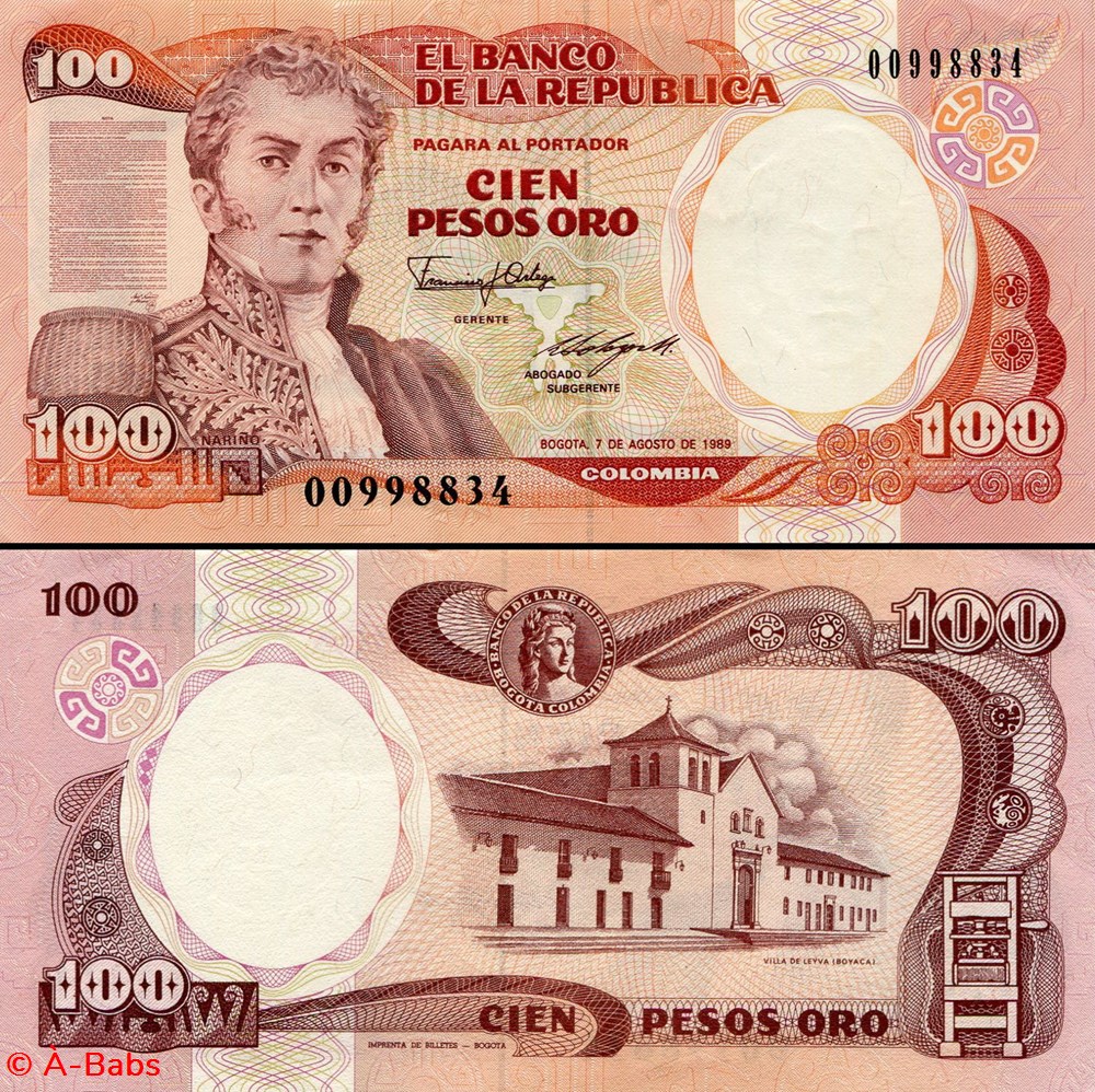 billets amerique du sud colombie pick 426 d 100 pesos de oro colombien 1989