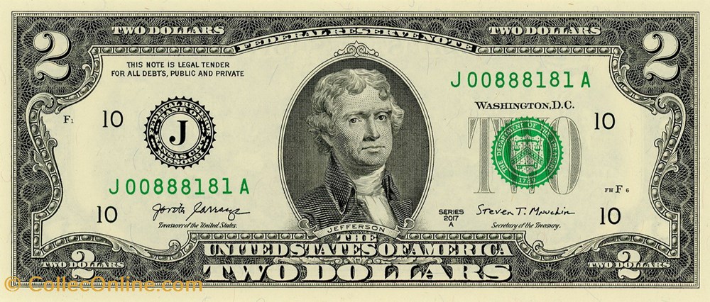 J- Kansas-City District - 2$ Federal Reserve Notes - Small Size 2017A Series billets amerique du nord etats unis j kansas city district 2 federal reserve notes small size 2017a series