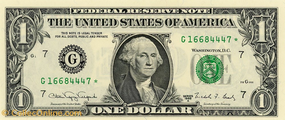 G- 1$ Federal Reserve Notes - Small Size 1988A Series billets amerique du nord etats unis g 1 federal reserve notes small size 1988a series