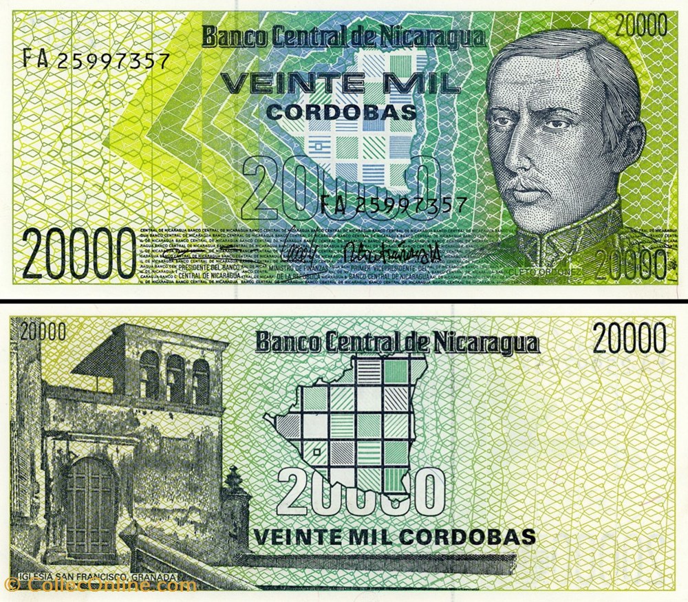billet amerique centrale et caraibe nicaragua pick 160 a 20 000 cordobas 1989