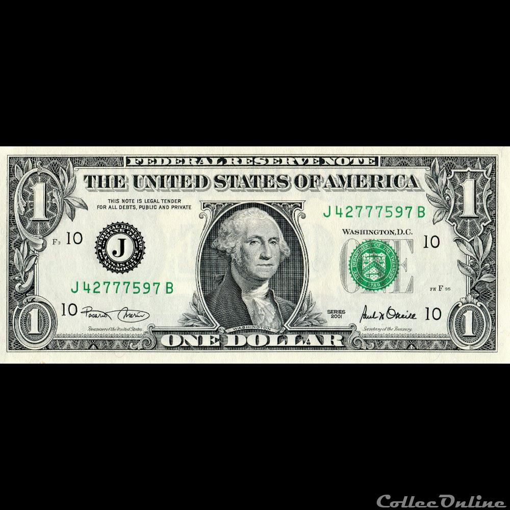 J- 1$ Federal Reserve Notes - Small Size 2001 Series billet amerique du nord etat uni j 1 federal reserve notes small size 2001 series